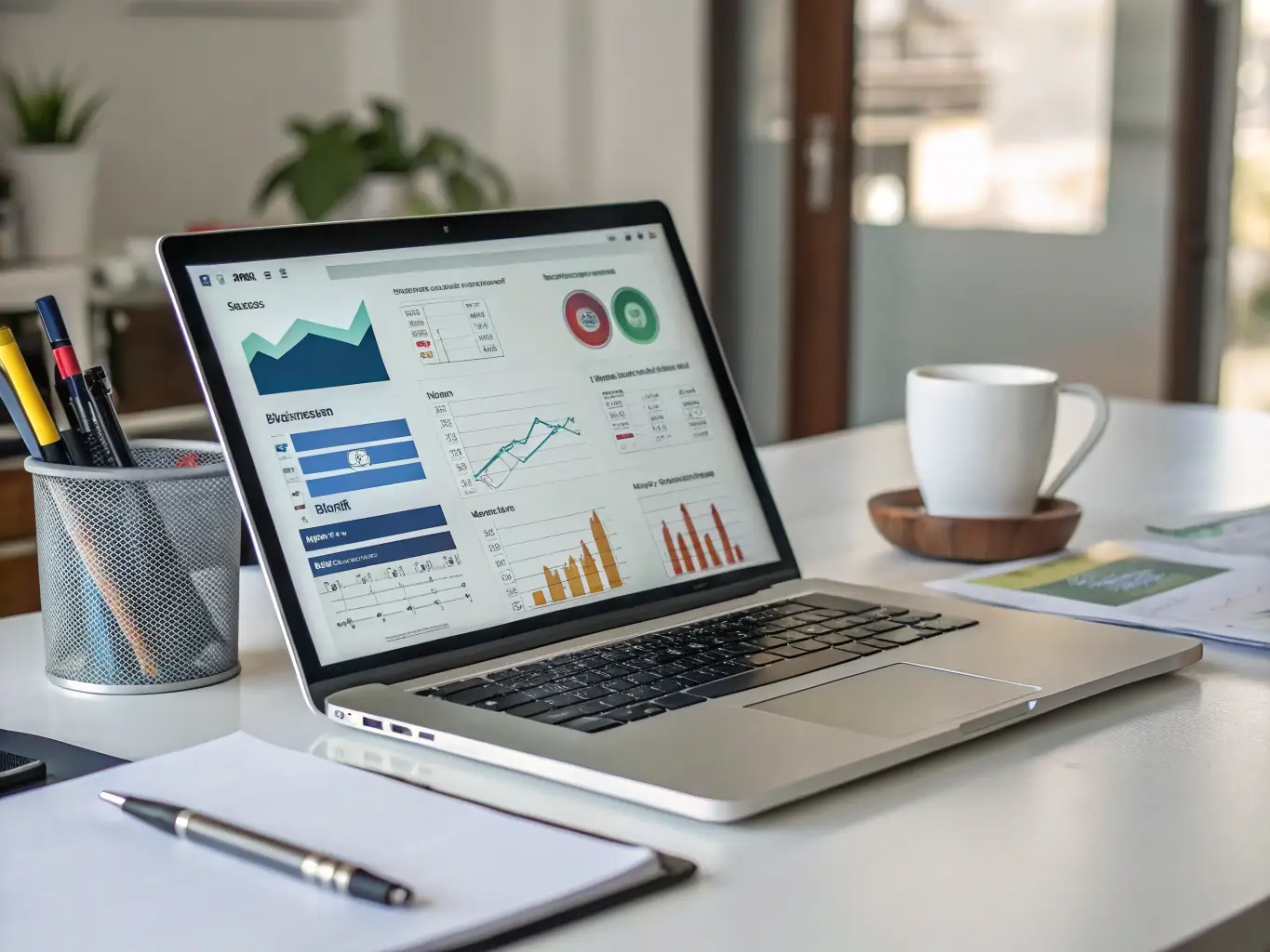 A professional using a laptop to analyze SEO data, with charts and graphs displayed on the screen, in a modern office setting.