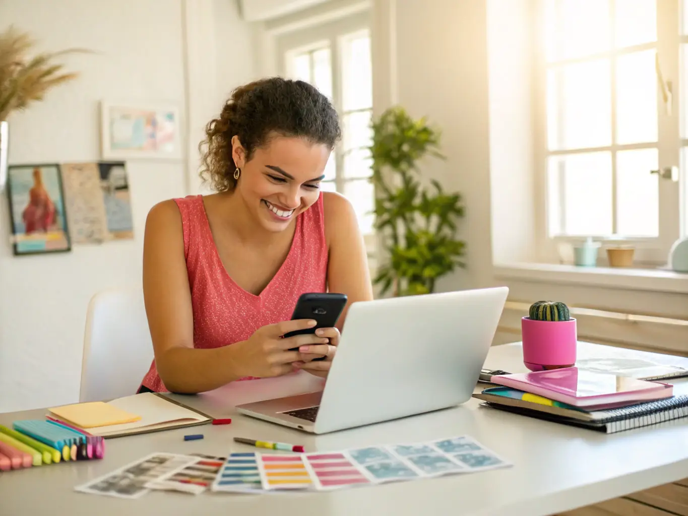 A person managing social media accounts on multiple devices, interacting with followers and analyzing engagement metrics.