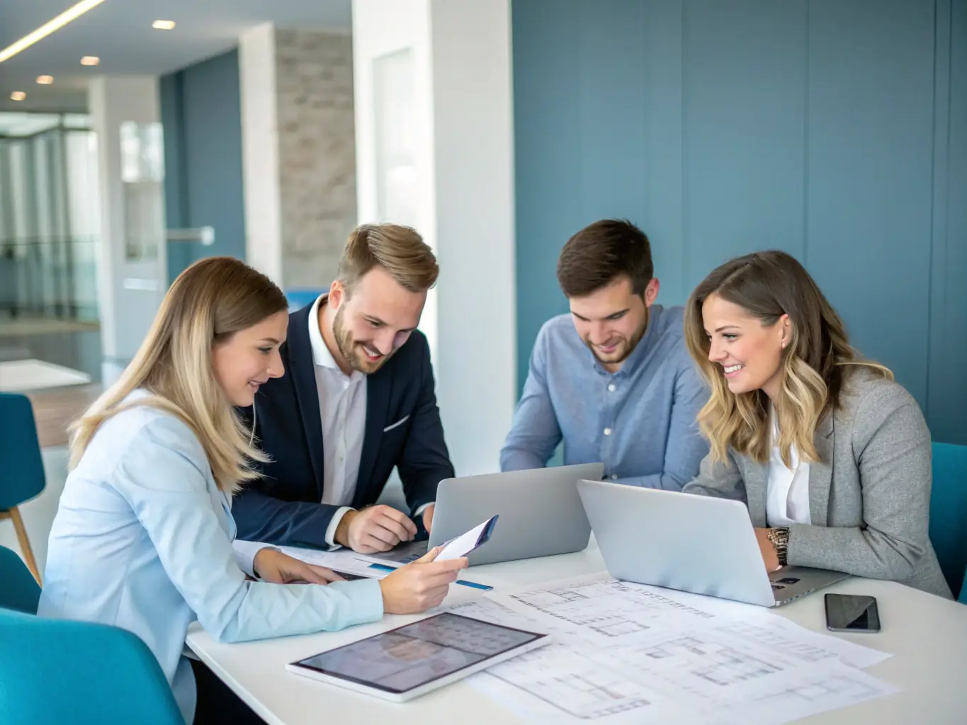 A visually striking image showcasing a team brainstorming branding ideas in a modern office setting, with digital devices displaying various brand elements.