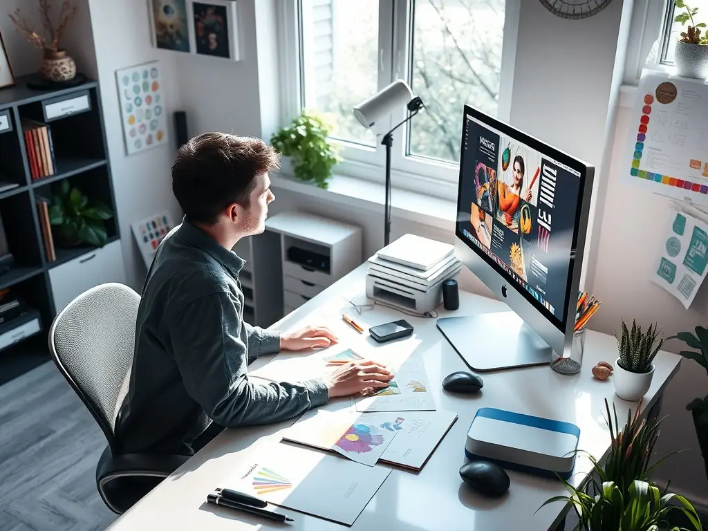 A vibrant image featuring a designer working on a digital marketing campaign on a computer, surrounded by creative assets and data visualizations.