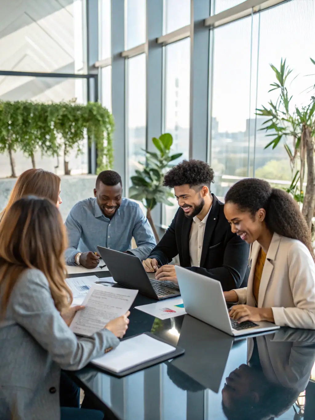 A vibrant image showcasing a diverse team brainstorming branding ideas in a modern office setting, reflecting PixelForge's collaborative approach to brand building.