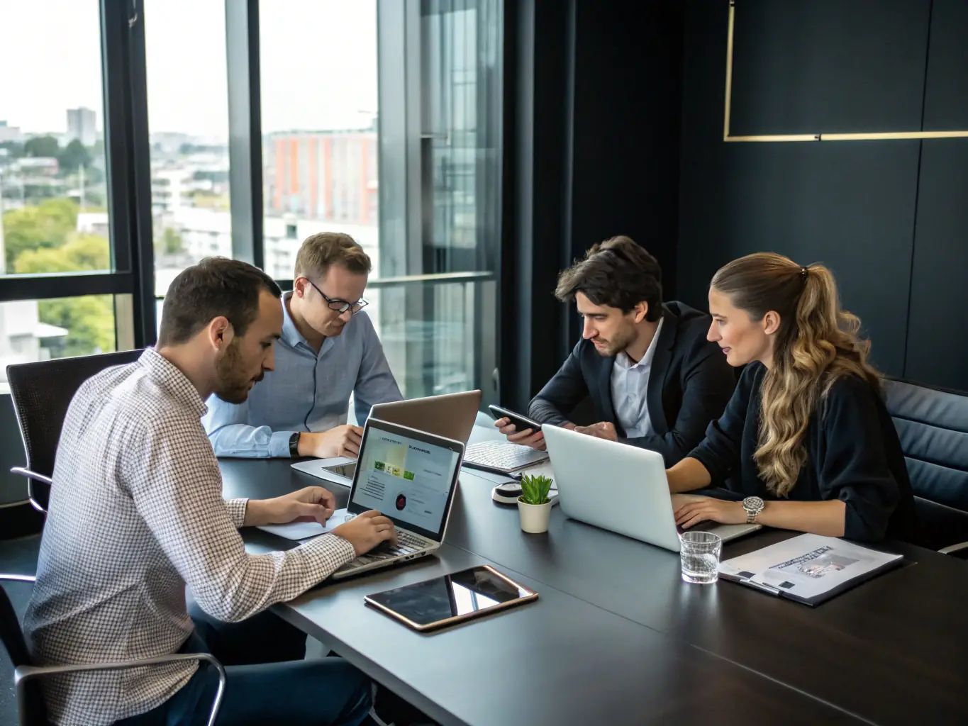 A diverse team collaborating on SEO strategies in a modern office, with a focus on optimizing content and improving search engine rankings.