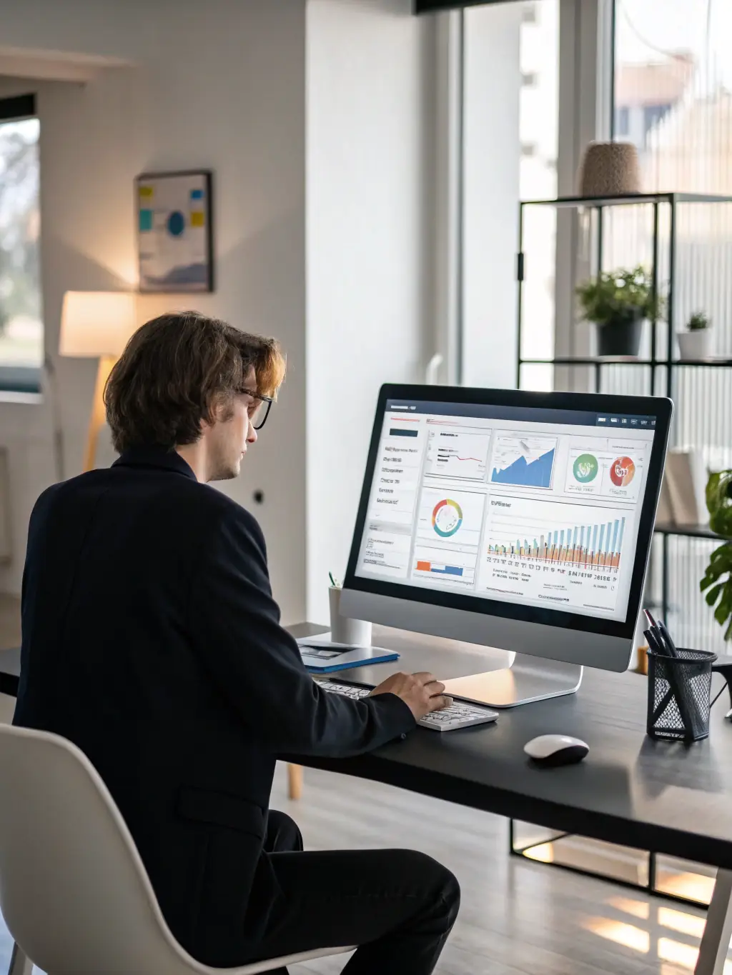 A professional workspace showing a data analyst reviewing SEO performance metrics on a dashboard, with AI-driven insights highlighted, in the context of PixelForge's SEO services.