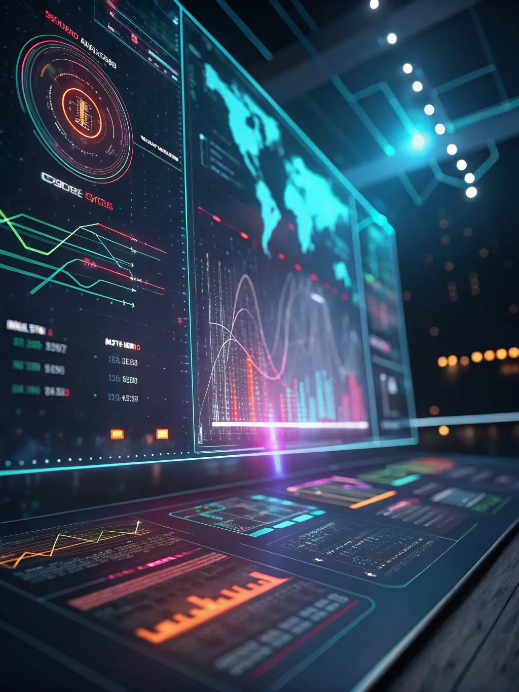 A futuristic interface displaying AI-powered keyword research tools, showing relevant keywords and search trends, representing PixelForge's AI tools.