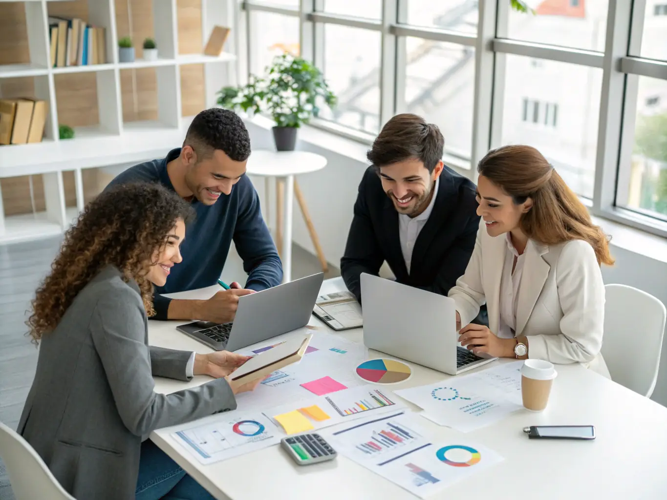 A team of marketing professionals brainstorming ideas around a table, with digital devices displaying analytics and campaign performance data.