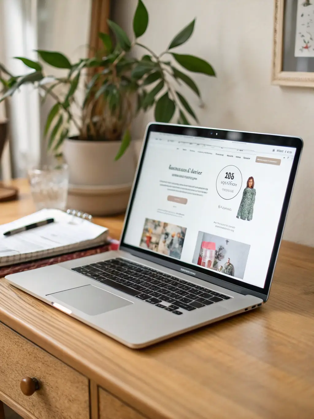 A vibrant, high-resolution image showcasing a beautifully designed e-commerce website on a laptop screen, surrounded by various shopping icons and a satisfied customer in the background, representing PixelForge's e-commerce design capabilities.