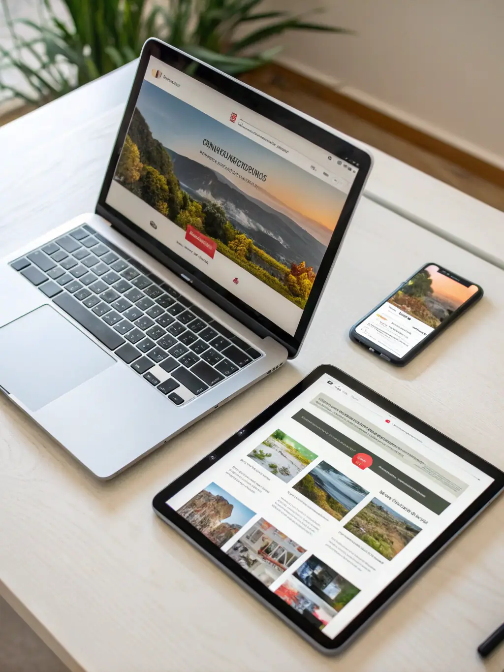A clean, modern website design showcasing a responsive layout on a laptop, tablet, and smartphone, emphasizing user-friendly navigation and a visually appealing interface.