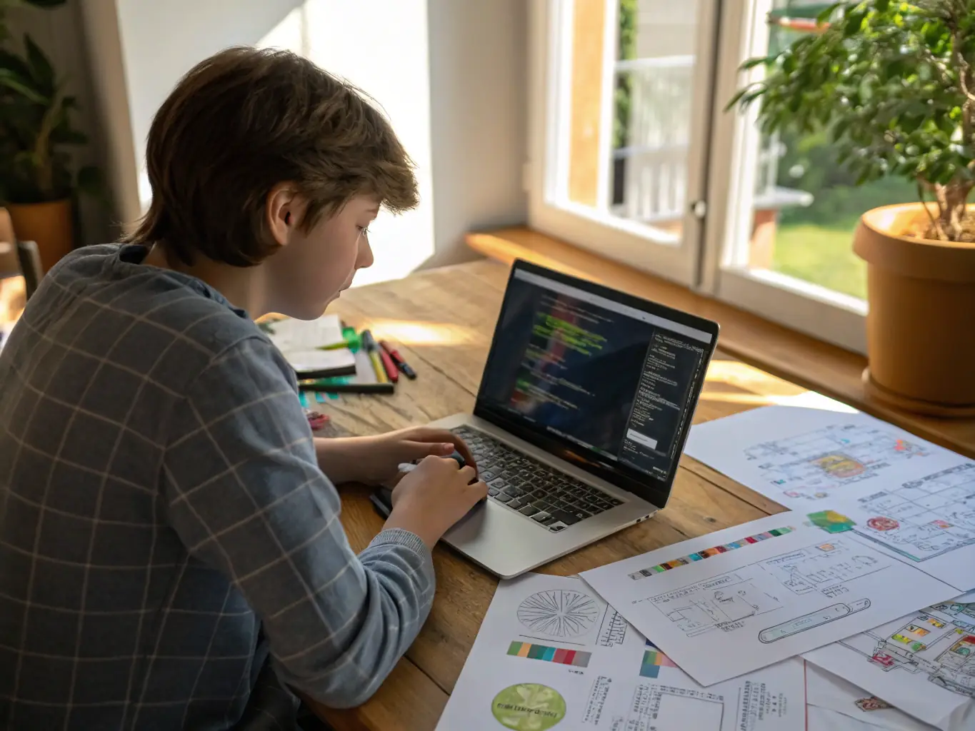 A person creating content on a laptop, surrounded by creative tools and resources, with a focus on engaging visuals and compelling storytelling.