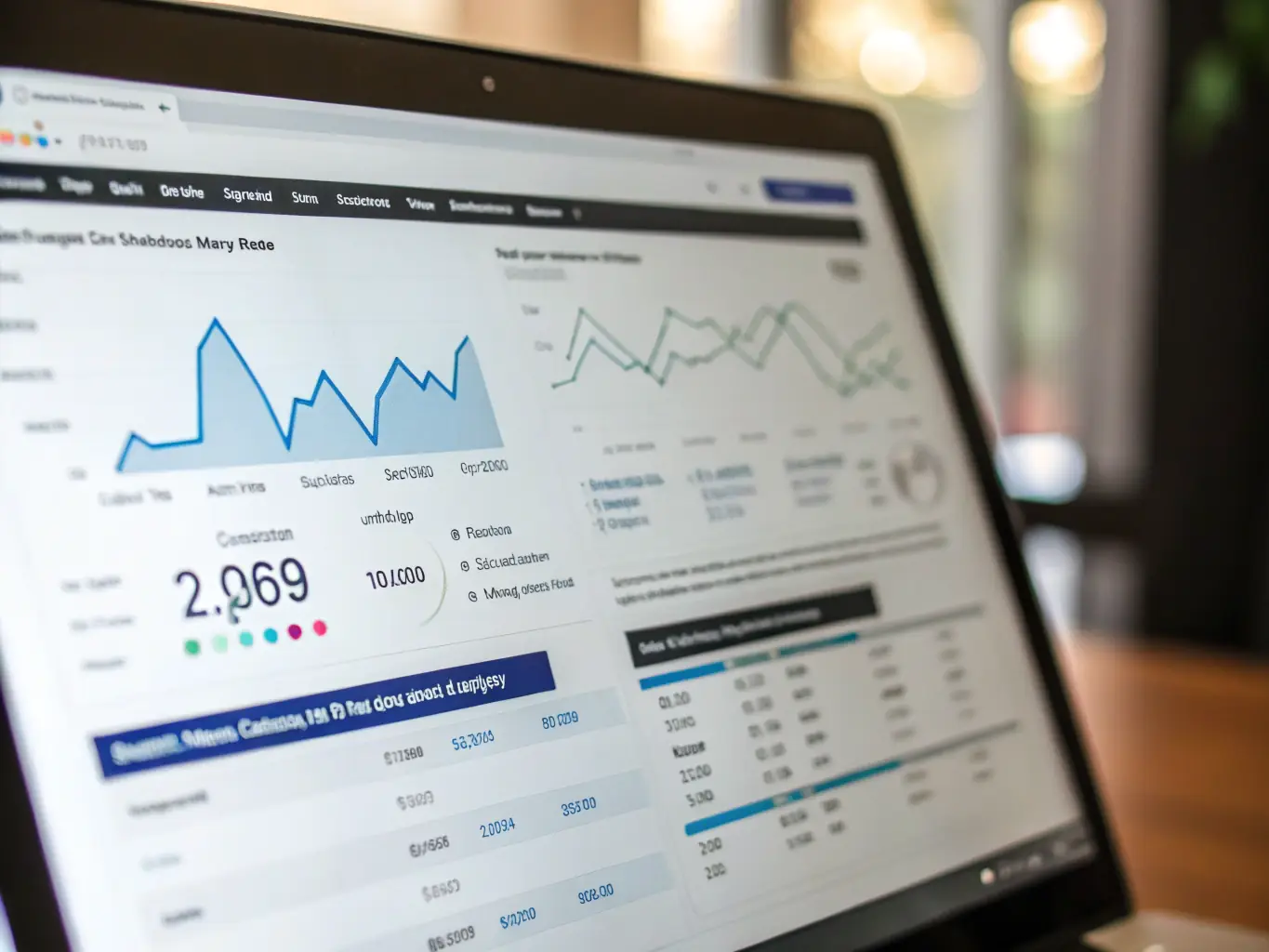 A professional using AI-powered SEO software to analyze website traffic and keyword performance, with charts and data visualizations displayed on the screen.